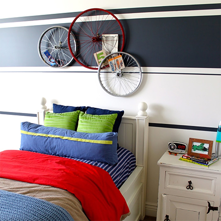 Before and after teen boys bedroom makeover bicycle wheel art