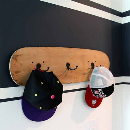 Before and after teen boys bedroom makeover skateboard coat rack