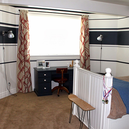 Before and after teen boys bedroom makeover painted curtains