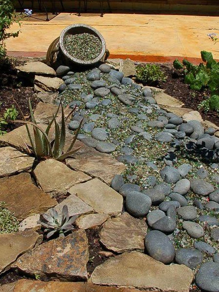 Pebble and rock river bed for garden drainage