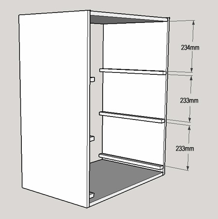 2. Measure and mark for the drawer supports on both faces of the sides. The bottom drawer support is mounted 20mm up from the base. &nbsp;Attach the supports using wood glue and 35mm screws.&nbsp;