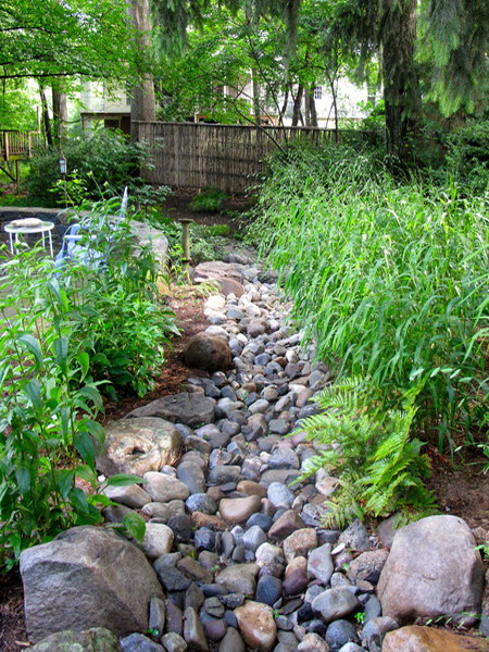 Pebble and rock river bed for garden drainage