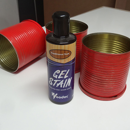 Recycled can plant holder rough sanded and aged with woodoc gel stain