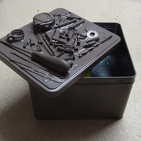 decorative tin sprayed with rustoleum 2x london gray