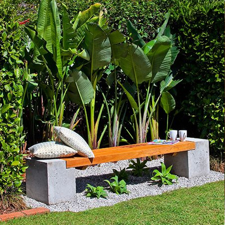 concrete and wood garden bench