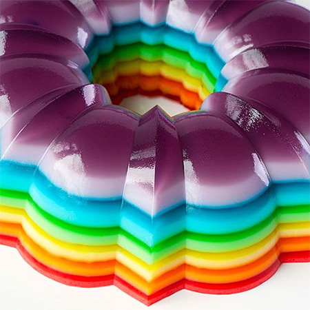 Rainbow jelly colourful party desserts and treats in cake bundt tin mould