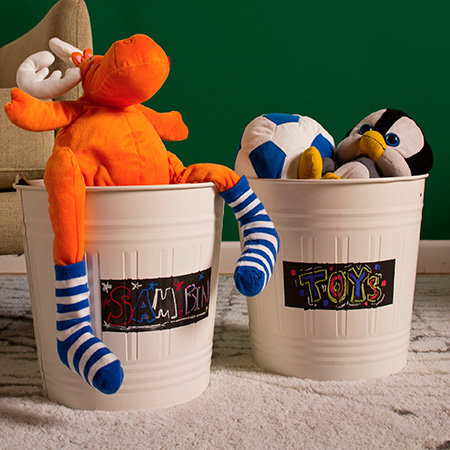 rustoleum chalkboard spray turns galvanised steel bins into handy storage containers