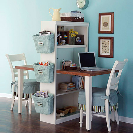 shelf with two desk tops becomes a study area for 2