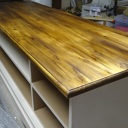 Cottage style shabby chic distressed TV or media cabinet finished top