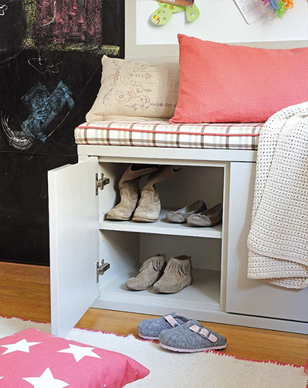 shared bedroom for boy and girl reading corner with storage
