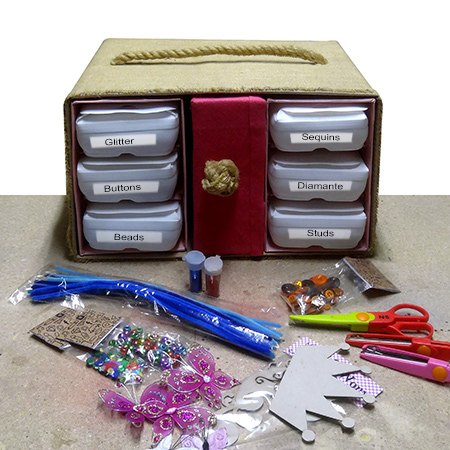 100% recycled craft centre using plastic milk containers and cardboard boxes