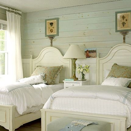 DIY plank wall in a cottage bedroom