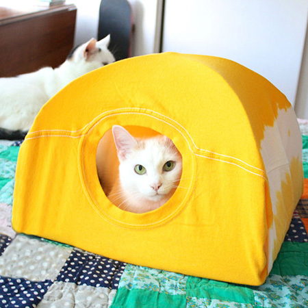 kitty tent is made using an old (or new) t-shirt, a couple of coathangers and a few inexpensive supplies