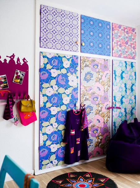 Dress up closet doors with fabric, wallpaper or panelling