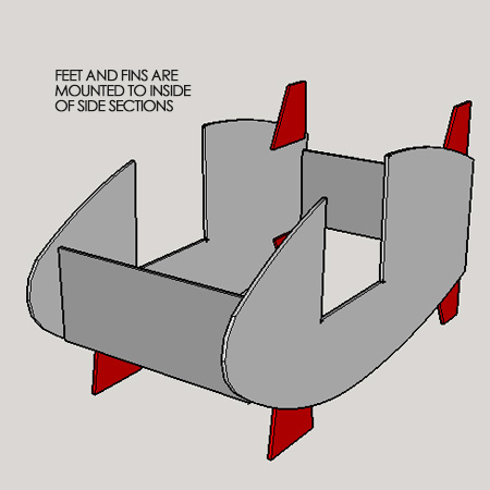 5. Paint the feet and fins. Drill countersunk pilot holes in the back of the feet and fins, add a bead of wood glue and secure to the inside of the sides.