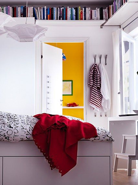 Storage ideas around the headboard high shelves on walls