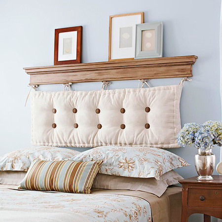 diy headboard shelf made with moulding and upholstered backrest