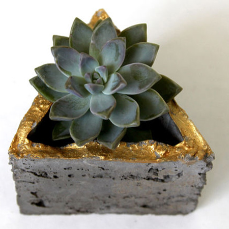 concrete geometric planter with gold paint applied on top edge