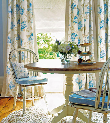 Consider mixing and matching fabric remnants for an eclectic look. If your chair seats are removable then this is a fairly easy DIY project