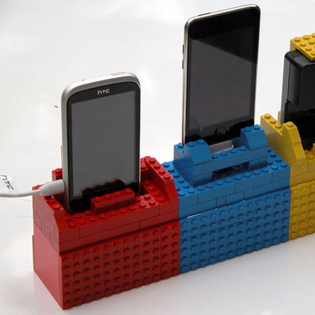 Colourful lego blocks can be shaped into a handy cellphone charger station
