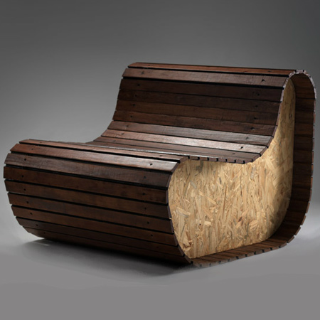 Gruba have designed a range of furniture that is manufactured using reclaimed wood blinds wrapped around a plywood support frame or solid OSB side panels.