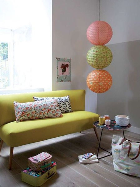 chinese paper lanterns in coloured patterns create a fun lighting feature