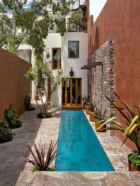 A lap pool is narrow and long, but an alternative to a long lap pool is to attach a swimming tether to one end, and in this way you can swim forever! Swimming tethers are available at Sportsman's Warehouse and similar supply stores.