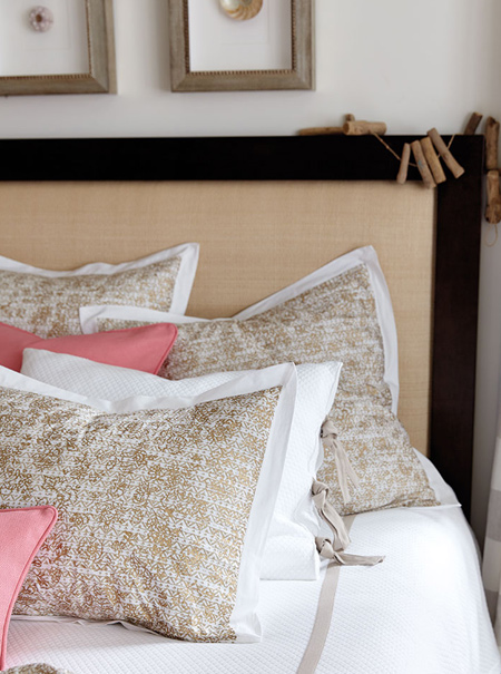 For the bedding an African-inspired pattern is taken up a notch with a metallic gold finish for a fresh, unexpected, and super sophisticated look.