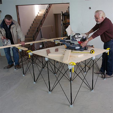 The Centipede Sawhorse supports sheet board and timber over a 61cm x 122cm and folds to 15cm x 22cm. The system is designed to hold up to 800kgs yet weighs only 5.5kgs. The Centipede Support XL supports materials over a 122cm x 244cm  area, folds to 22 cm x 36 cm can can support up to 1600 kgs, with a total weight of 14kgs.
