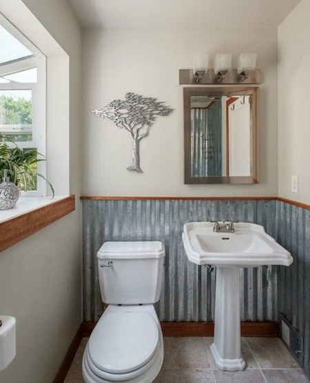Not just bathrooms, you can make use of corrugated sheet metal to clad or decorate specific areas in a kitchen, or other rooms in a home.