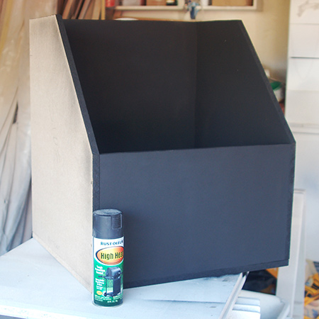 3. The entire box was sprayed with a coat of Rust-Oleum High Temperature spray paint. The lid is missing in the image shown, but this was also sprayed. I managed to do the entire box with one can of High Temperature spray paint.&nbsp;