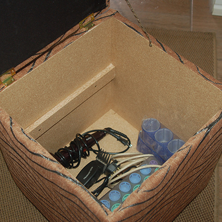 upholstered storage ottoman for hair styling equipment and accessories