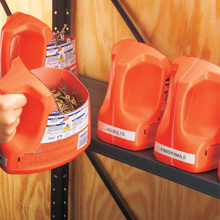 HOME-DZINE | Workshop Organisation - Remove the top section of the plastic container with a craft knife or scissors and then add a label so you know what's what.