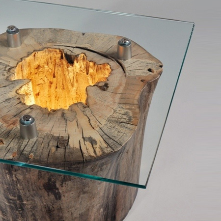 tree stump with light and glass top coffee table