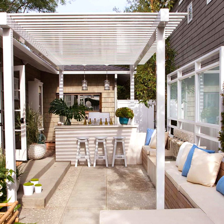 Not all courtyards will be situated in a shady spot, and you may need to erect a structure to provide shade during the hottest time of the day. You can add shade to a small area using a variety of different materials. Koolaroo shade sails can now be found at Builders stores in different shapes and sizes and are easy to mount as a DIY project.