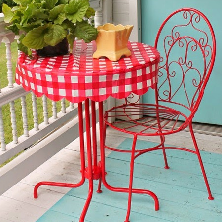For the tablecloth a circle was cut for the diameter of the table, plus an extra 20mm. A 100mm-wide strip was cut for the edging. The length of the strip was the outer circumference of the table plus an extra 20mm. The edge of the strip was given a scalloped design before attaching to the top using a sewing machine