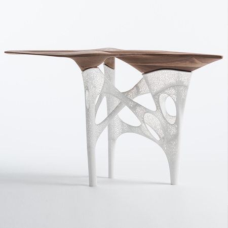 Originally conceived as a private work, the 'Transitional Fields Table' brings together nature and technology. The table incorporates a CNC-milled walnut top and delicate 3-D prototyped legs - structurally challenging, and inspiring. The concept was to bring the tectonics of nature into the client's home, whilst also being at the forefront of fabrication and design.