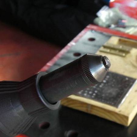 The shaft of the RiveDrill is hex-shaped and inserts into any normal chuck, keyed or quick release, as can be seen below.