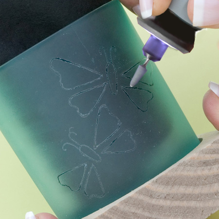 Seaglass votive with engraved butterfly design