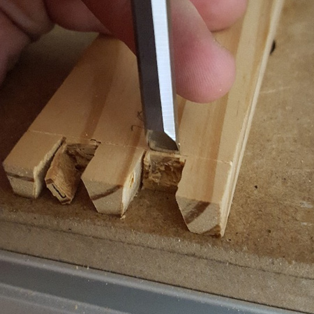 4. For cutting the pins you can just use a chisel to break away the waste. Set the chisel away from the knife line to break away the bulk of the waste, then pare away the remaining waste.