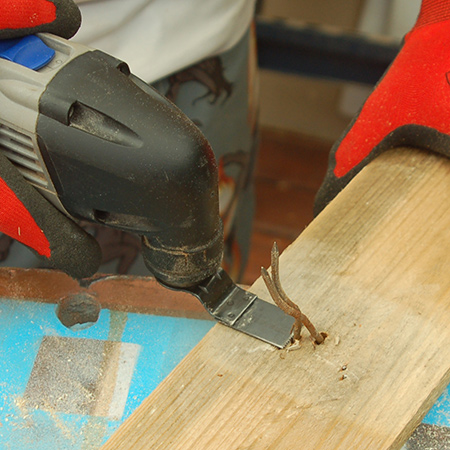 You can also use the Dremel MultiMax to cut away the steel nails to cut down on time spent on having to remove these. 