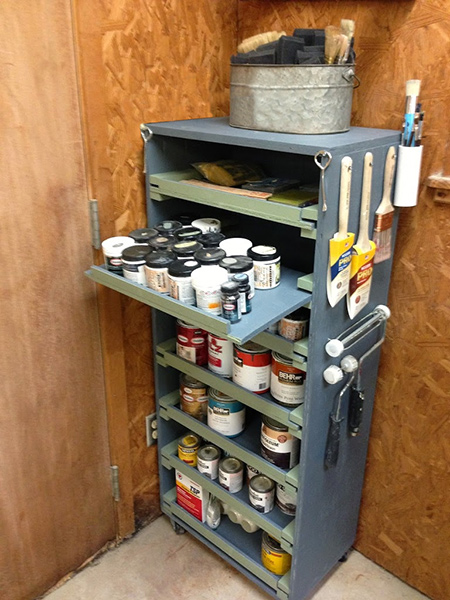If you use every drop of paint in a can, you will need a place to store your paint tins. This basic cabinet has sliding shelves that allow you to easily access paint cans at the back without having to shuffle everything around.