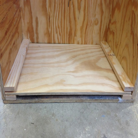 The paint storage cabinet is easy enough to make, with a basic frame made from plywood, pine or SupaWood. Within the frame are battens mounted to allow a slider shelf to fit between and move in and out of the cabinet
