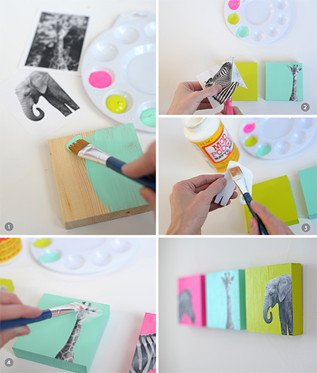 Place the images on the block and use the paintbrush and a liberal amount of ModPodge or clear acrylic sealer to smooth onto the block. You need to apply 3 to 4 coats in total - letting each coat dry before applying the next coat. After the first coat has dried you can apply sealer over the entire block.