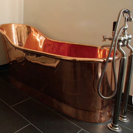 These luxurious tubs can be treated with finishes that range from brushed copper, verdigris, gold leaf, and brass, as well as a selection of coloured enamels.