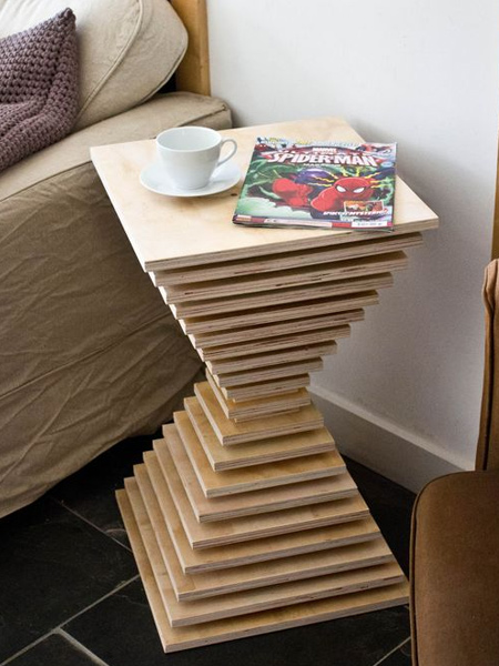 There are some amazing ways to use offcuts for projects small or large. The unusual table shown above can be used as a side table in a living room or bedroom and is made by mounting cut plywood pieces onto a pine dowel. Small spacers between the main boards hold the boards in place and give the table its 'floating' design