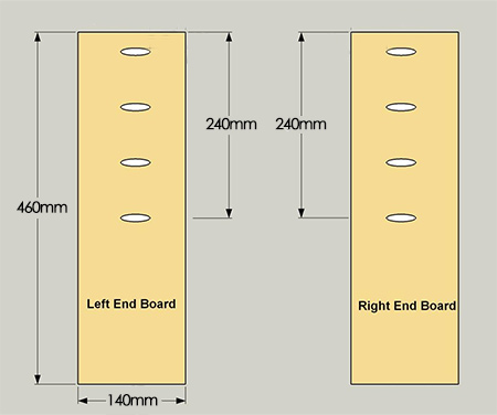 1. Drill pocket holes on four of the six boards as shown above. Check that there are [2] right side and [2] left side boards with pocket holes. The two leftover boards will become the centre of the end panels.