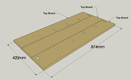 9. Glue and clamp [3] top boards together as shown below. Join together with 32mm screws. Repeat for the second top panel.