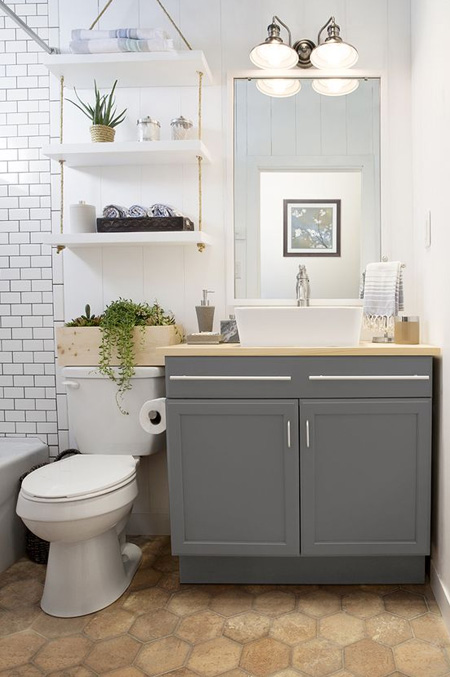 HOME-DZINE | Bathroom Ideas - Every bathroom needs storage but not all bathrooms have the space for floor cabinets or cupboards. Wall mounted shelves provide an opportunity to take advantage of unused wall space to add attractive storgage. 