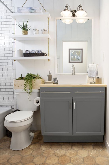 HOME-DZINE | Bathroom Ideas - Every bathroom needs storage but not all bathrooms have the space for floor cabinets or cupboards. Wall mounted shelves provide an opportunity to take advantage of unused wall space to add attractive storgage.